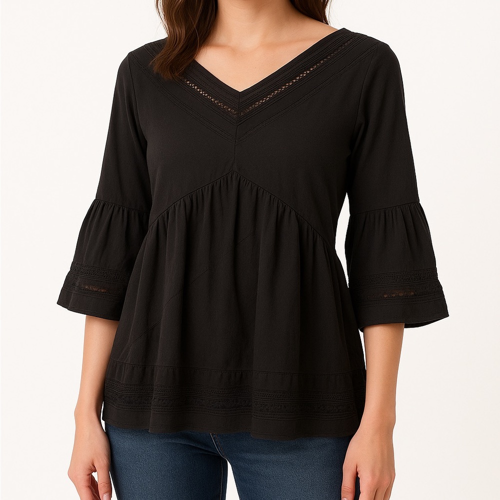 Anthropologie Black Flutter Bell Sleeve Eyelet Lace Top